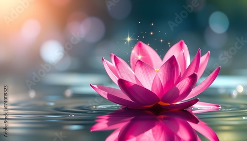 A beautiful vibrant pink lotus flower gently floating on serene water with sparkling light particles and a soft bokeh background.