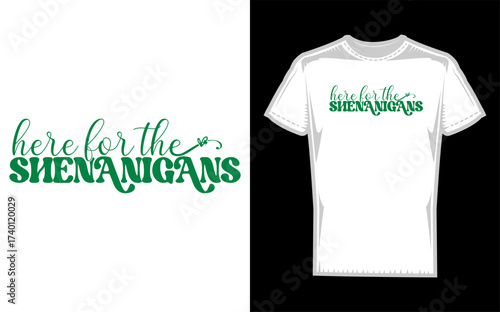 Festive st patrick s day here for shenanigans text design with shamrock and beer mug silhouette ideal for holiday celebrations and apparel