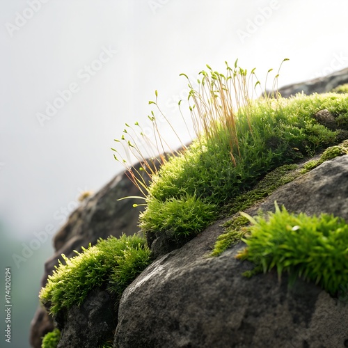 Close-up of lush green moss and sporophytes on textured rock in misty natural light – macro nature background, AI-generated, no people or buildings