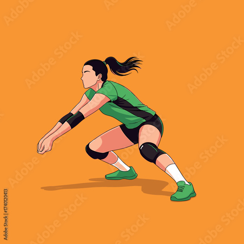 A female volleyball player in a green uniform prepares to receive a serve, arms extended, in a defensive position.