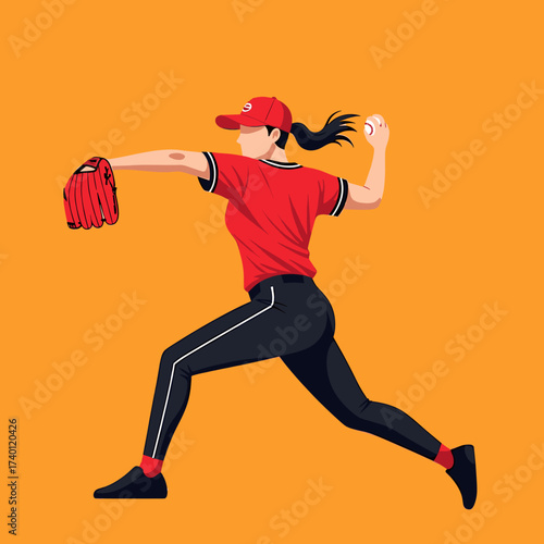 A female baseball pitcher in red and black uniform throws a ball with her gloved hand on a yellow background.