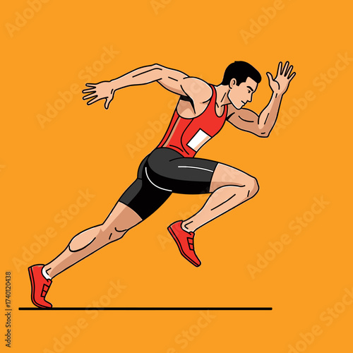 Cartoon illustration of a male athlete sprinting forward with focused determination against a solid orange background.