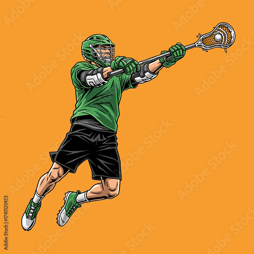 A lacrosse player in green uniform leaps to shoot the ball.