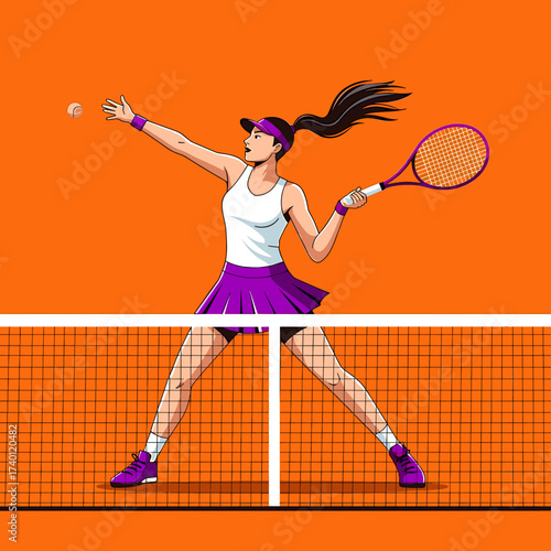 A female tennis player serves the ball over the net on an orange court.