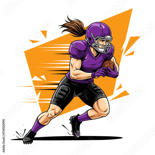 A female athlete in purple uniform runs with the football, focused and determined.