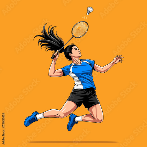A woman in blue sportswear jumps to hit a shuttlecock with a badminton racket.