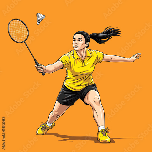 A female badminton player in action, poised to strike the shuttlecock with her racket.