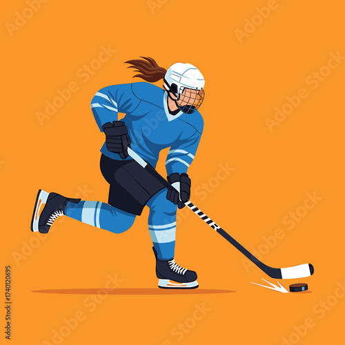 A female hockey player in action, skating and shooting the puck.