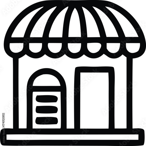 Simple icon of a storefront building with awning and doorway for retail business and commercial shop concepts