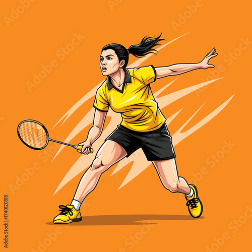 A female badminton player in yellow and black sportswear is about to hit the shuttlecock with her racket.