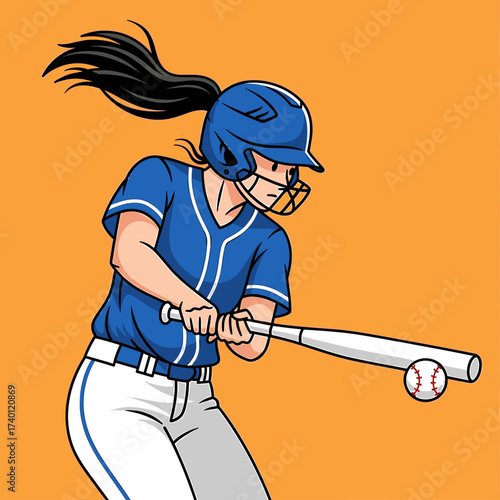 An illustration of a female softball player swinging a bat, preparing to hit a ball.