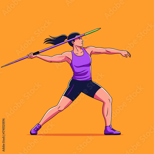 A woman athlete in purple sportswear is preparing to throw a javelin against an orange background.