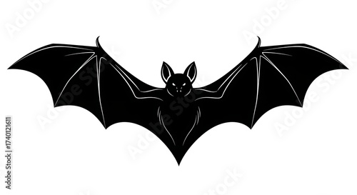 Stylized black bat silhouette with spread wings and glowing eyes, a spooky Halloween vector illustration isolated on a white background.