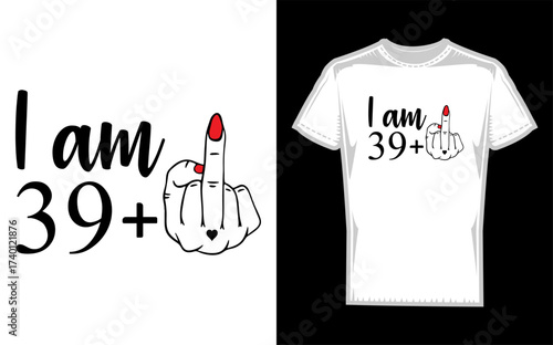 Humorous silhouette illustration of a person aged 39 holding up their middle finger conveying a defiant or celebratory message for a birthday milestone