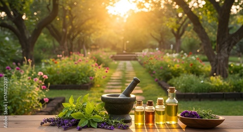 Tranquil Outdoor Scene Featuring Stone Path, Herbs, and Vibrant Floral Greenery