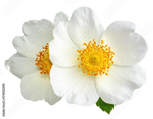 Two delicate, white flowers with yellow centers.  Close-up, isolated on black