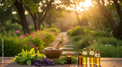 Serene Garden at Sunset with Herbs, Essential Oils, and Warm Golden Light