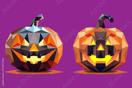 Colorful low poly Halloween pumpkins with glowing faces on purple background, modern polygonal design perfect for seasonal decoration and party themes.