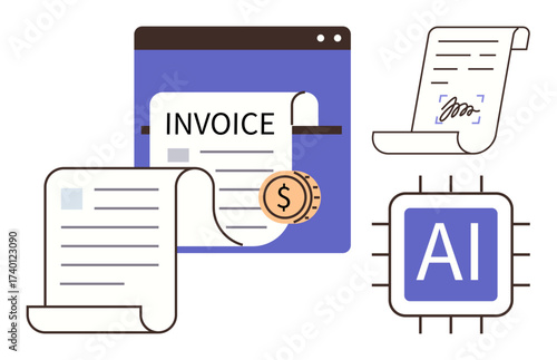 Digital invoices, coins, and electronic signatures represent AI-powered tools for billing automation. Ideal for fintech, e-commerce, workflow optimization, payment systems, data organization