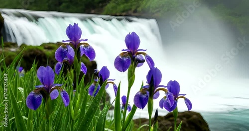 Vibrant purple flowers in the foreground with a majestic waterfall in the background