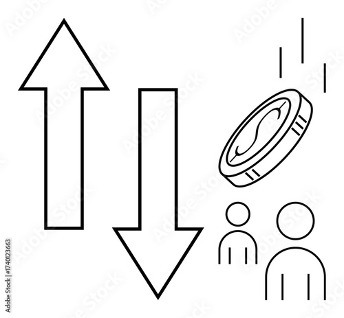 Up and down arrows indicate contrasting directions, with a falling coin symbolizing profit or loss. Two people highlight impact and choices. Ideal for finance, trade, economics, risk, investment