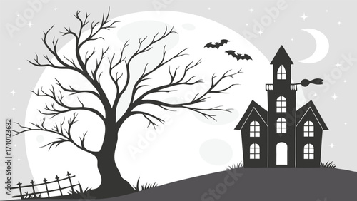 Spooky halloween night scene with haunted house and silhouetted figures for festive decorations and graphic design projects