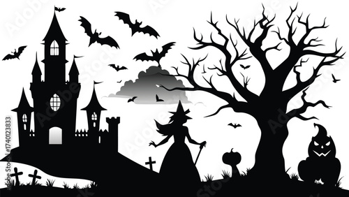 Spooky halloween night scene featuring a haunted house and silhouetted figures under a full moon