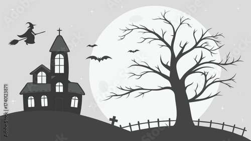 Spooky halloween night scene featuring a haunted house and silhouetted bats under a full moon with festive decorations
