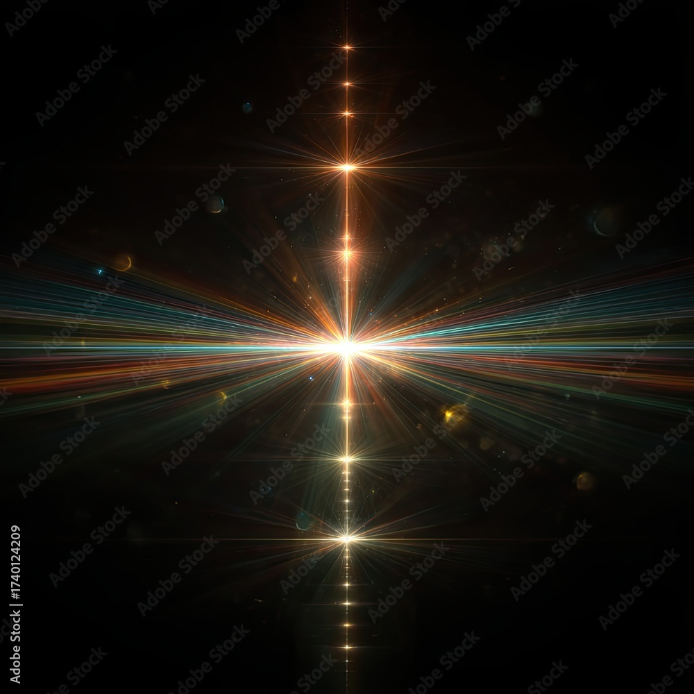 Obraz premium Abstract sun flares, digital lens flares, iridescent highlights on black background.