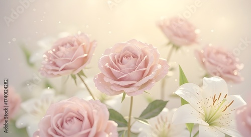 Ethereal Romantic Roses in Full Bloom with Gentle Sparkle and Warm Glow