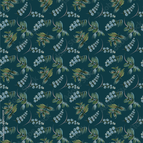 Vector floral seamless pattern from hand painted leaves, flowers and blue berries on a dark background