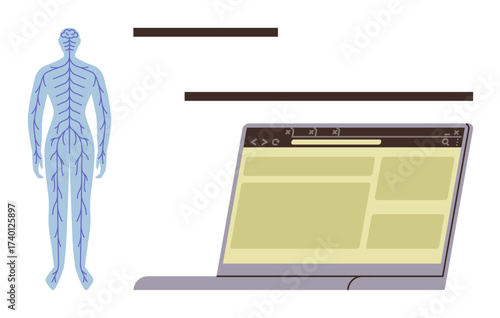 Human nervous system anatomy next to a laptop screen featuring a simple browser layout. Ideal for health, technology, education, anatomy, innovation, neuroscience, research. Simple flat metaphor