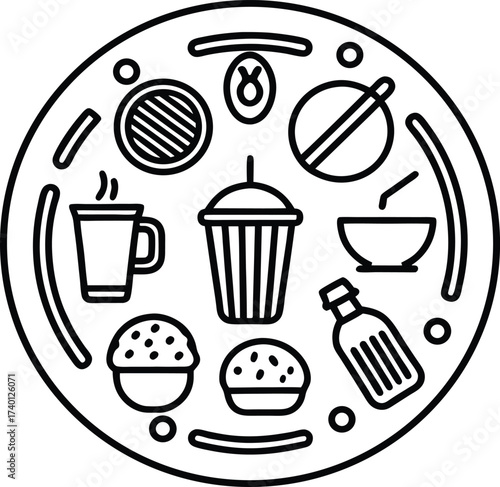 Circular food icon set outline delicious meal options beverage snacks full meal collection simple line art graphics representing dining