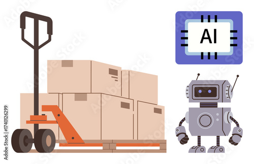 Robot assists with warehouse tasks, moving boxes using a pallet jack. Ideal for automation, logistics, efficiency, robotics, artificial intelligence, supply chain innovation. Simple flat metaphor