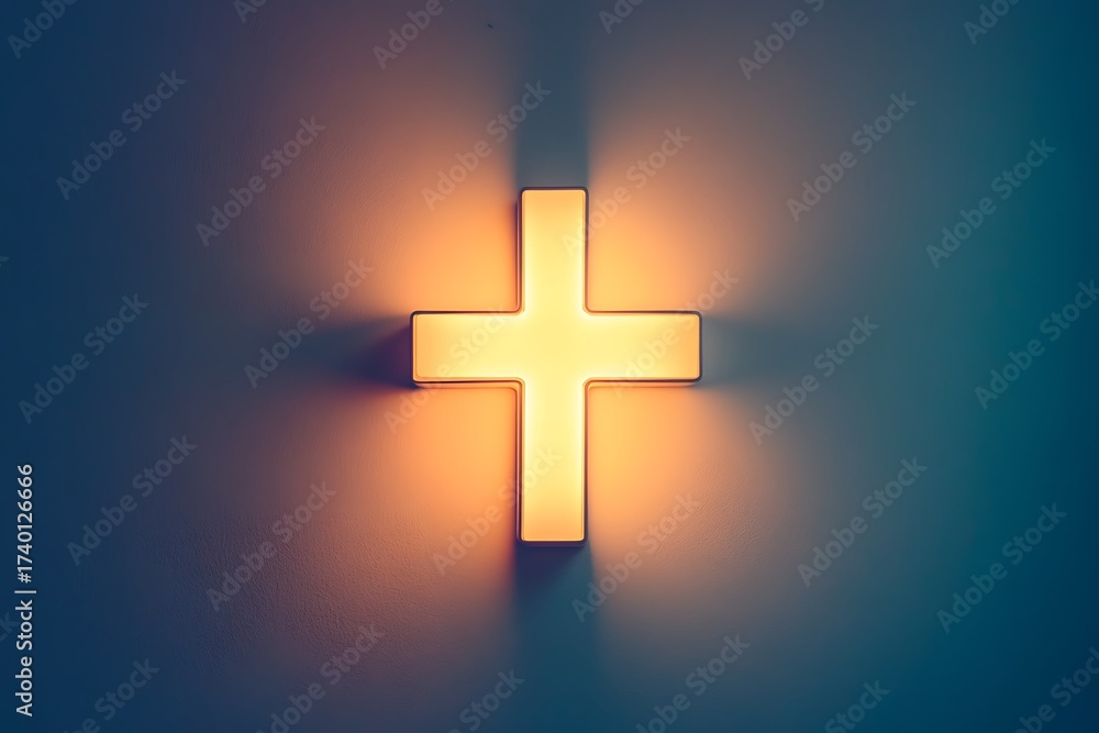 Obraz premium A glowing cross illuminates a textured wall, casting shadows and creating a modern, minimalist symbol of faith and spirituality.
