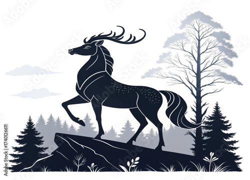 Majestic Mythical Creature: A striking silhouette depicts a mythical creature, a majestic equine form adorned with magnificent antlers.