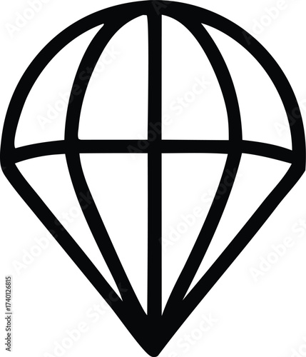 Bold black silhouette of a parachute canopy emblem for aviation and adventure sports icons symbolizing descent and airborne operations