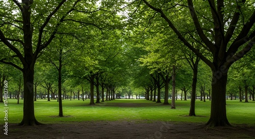Tranquil Forest Trail Lined with Tall Trees and Dappled Sunlight Filtering Through
