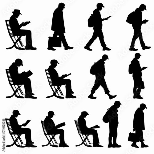 A grid of twelve silhouette figures, predominantly men, are arranged against a stark white background. Some figures are seated in chairs, reading books, while others walk with bags or briefcases, look