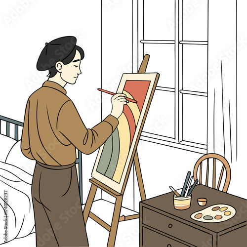 A young artist in a brown beret and attire stands in a softly lit room, painting a rainbow on a canvas propped on a wooden easel. A bed is visible to the left, a window with white curtains behind. A t