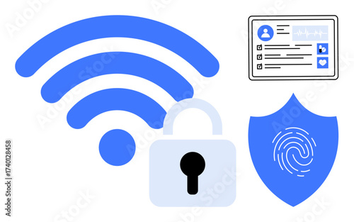 wireless signal, locked padlock, fingerprint on shield, digital ID displaying health data. Ideal for cybersecurity, online privacy, digital identity, secure networks, healthcare data protection