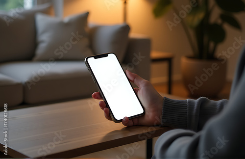 woman hand cradles sleek smartphone minimalist coffee table bright white screen glowing softly warm ambient light