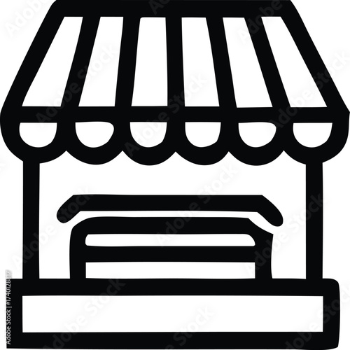 Simple icon of a small storefront or market stall with striped awning and display shelves for business or commerce representation