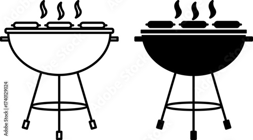 Barbecue Icons. Black and White Vector Illustrations. Appliance for Roasting Meat or Sausages. Food, Nutrition. Cooking Concept