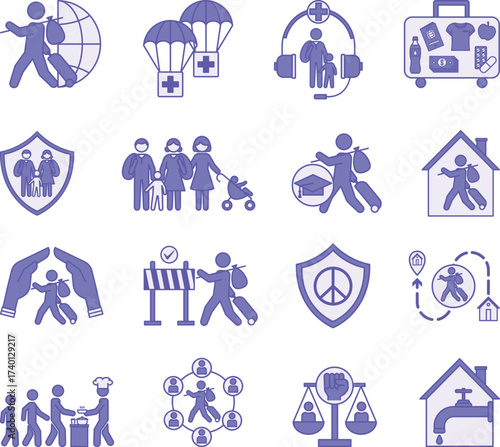 Colored World Refugees Icon Set. Vector Illustrations Asylum for Refugees, Humanitarian Aid, Refugee Rights, Medical Aid, Access to Education, Peace and Security, Freedom, and More