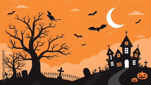A festive Halloween banner or party invitation set against a spooky and fun background.