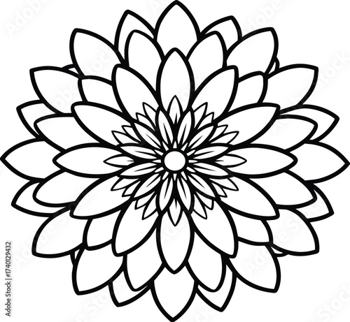 A complex and detailed black outline of a symmetrical flower featuring multiple layers of pointed petals, creating an intricate floral mandala design isolated on a white background