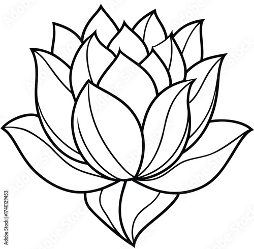 Elegant line art illustration of a lotus flower, featuring intricately layered petals symbolizing purity, enlightenment, and rebirth, perfect for artistic and spiritual designs