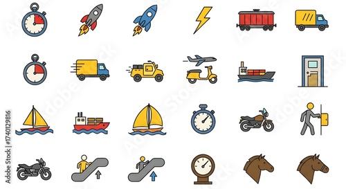 Bold Transportation Icons Grid Featuring Modern and Classic Travel Modes in Color