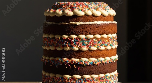 Tall, tiered cake with frosting and sprinkles, simple background, bright light